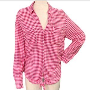 Jones New York Checked Button Up Tie Waist Top XL Red 127C